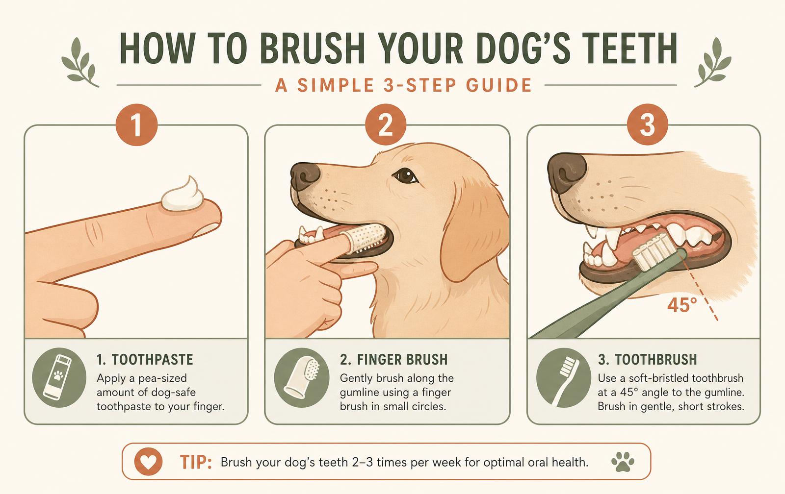 A three-panel illustration showing how to introduce brushing: starting with toothpaste on a finger, progressing to a finger brush, then a soft toothbrush along the gumline.