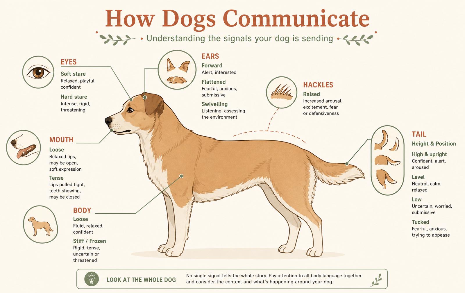 A labelled head-to-tail diagram of a dog showing the key areas that communicate emotion: eyes, ears, mouth, body posture, hackles and tail.