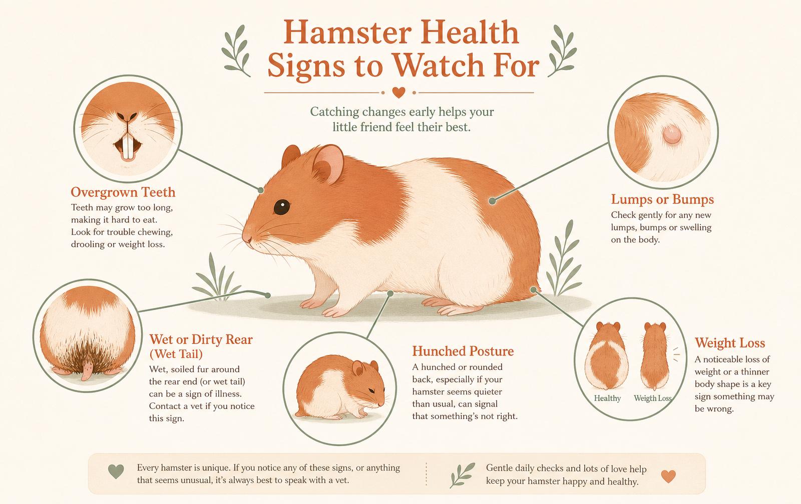 A labelled illustration of a hamster showing signs of illness to watch for: wet tail, overgrown teeth, lumps and a hunched posture.