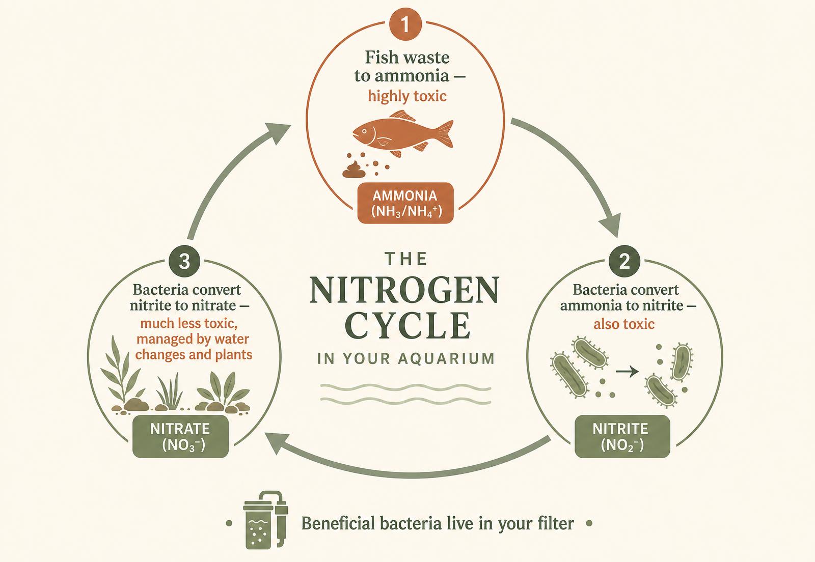A circular diagram showing the nitrogen cycle: fish waste to ammonia, ammonia converted by bacteria to nitrite, nitrite converted to nitrate, with water changes managing nitrate.