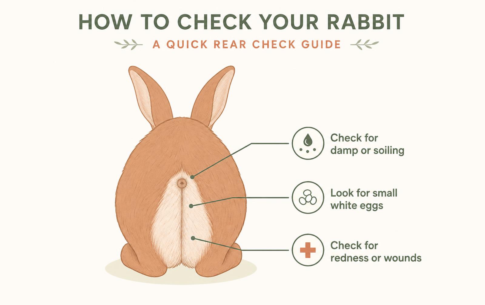 A labelled diagram showing the rear-end areas to check on a rabbit for flystrike: under the tail, around the rear, inner back legs.