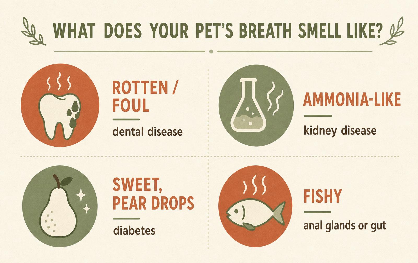 A diagram matching four types of dog bad breath smell to their possible causes: rotten for dental disease, ammonia for kidney disease, sweet for diabetes, fishy for anal glands.