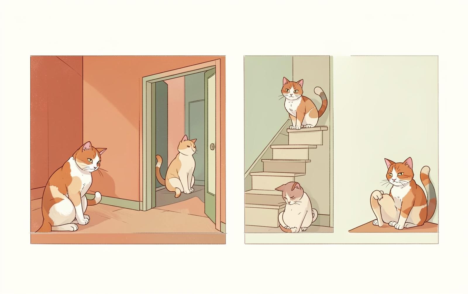 Scenes showing subtle inter-cat tension: one cat staring at another, one cat blocking a doorway, and one cat controlling the stairs while another waits below.