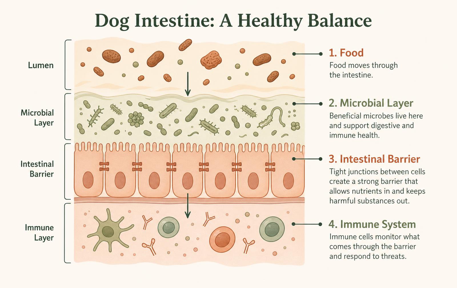A diagram showing how the canine gut microbiome interacts with food, the intestinal barrier and the immune system.