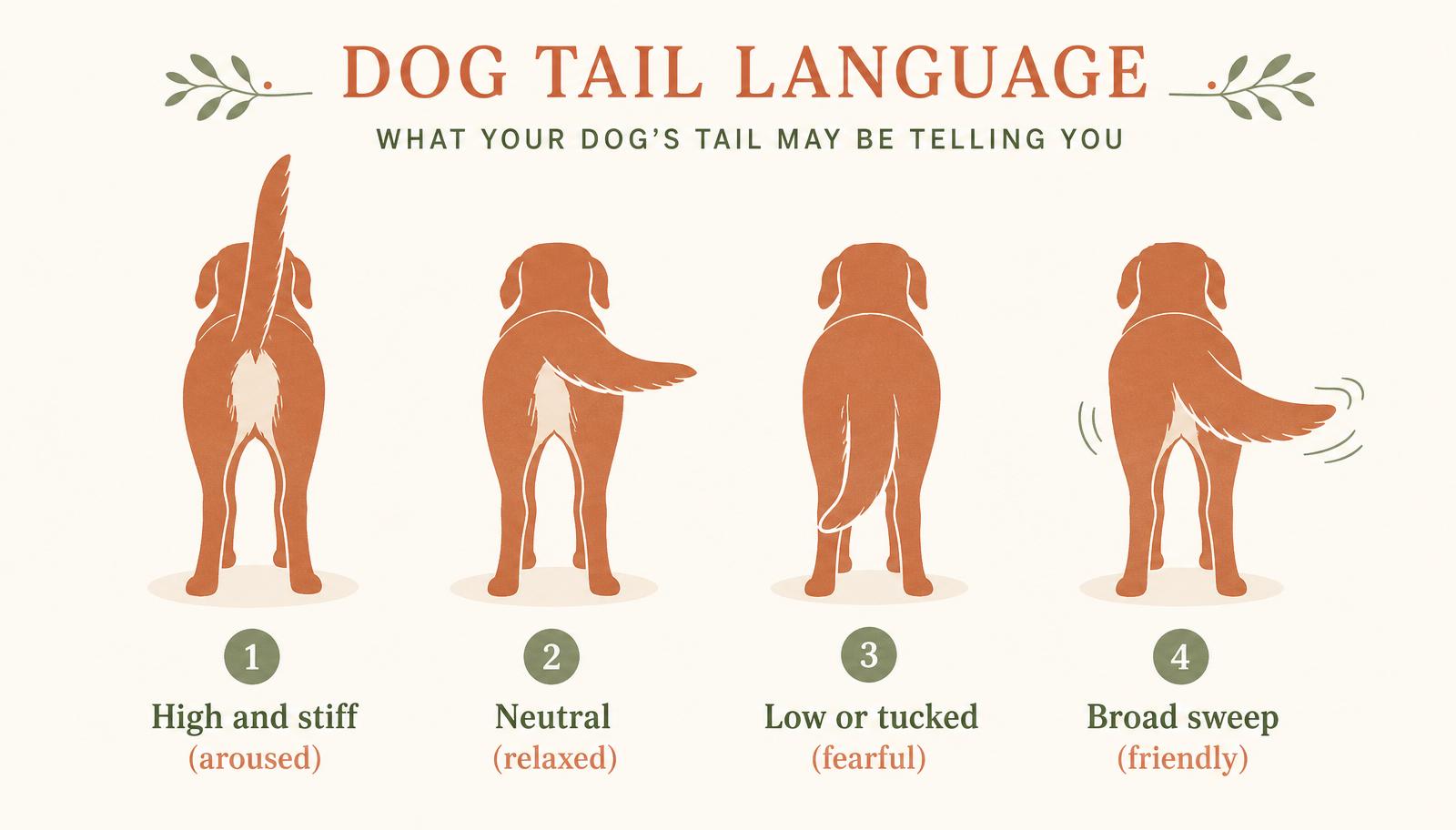 A diagram showing different dog tail positions and what they signal: high and stiff, neutral, tucked low, and a broad friendly sweep.