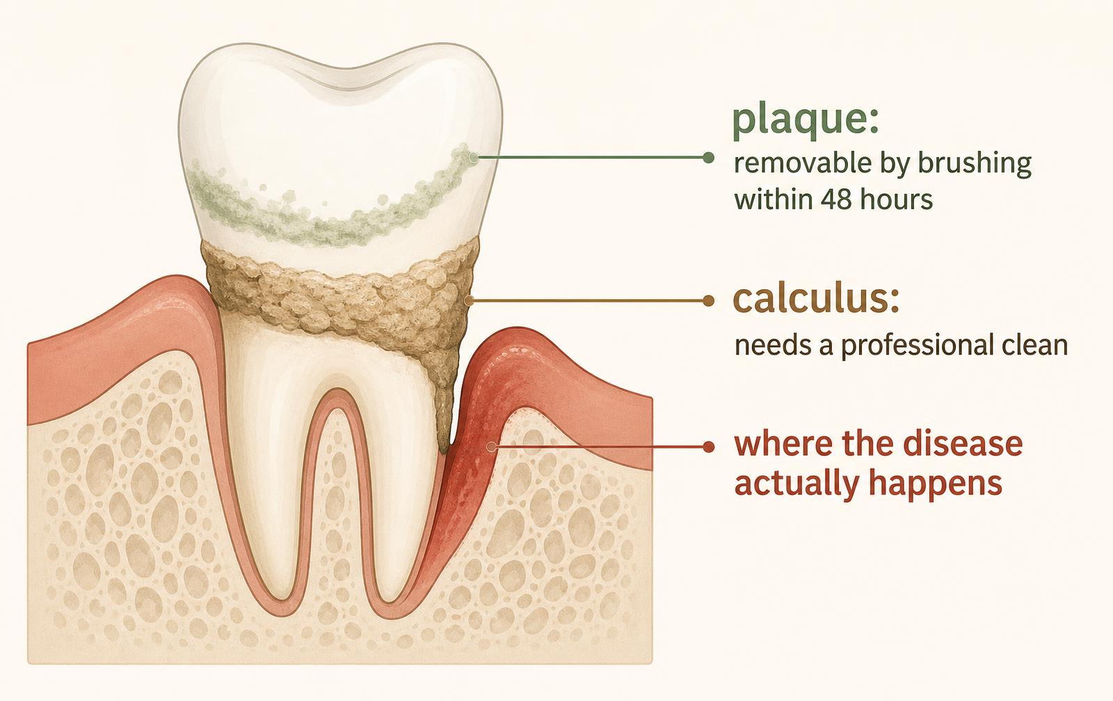 A cross-section diagram of a tooth showing plaque above the gum, hardened calculus, and periodontal disease below the gumline.