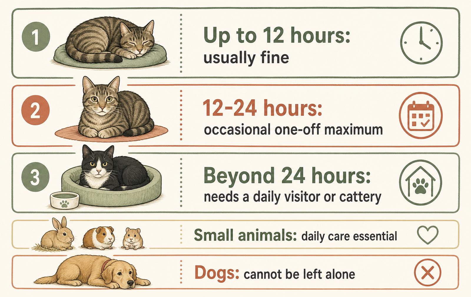 A tiered diagram showing how long a cat can be left: up to 12 hours usually fine, 12 to 24 hours an occasional one-off maximum, beyond 24 hours needs a daily visitor or cattery, with notes that small animals need daily care and dogs cannot be left.