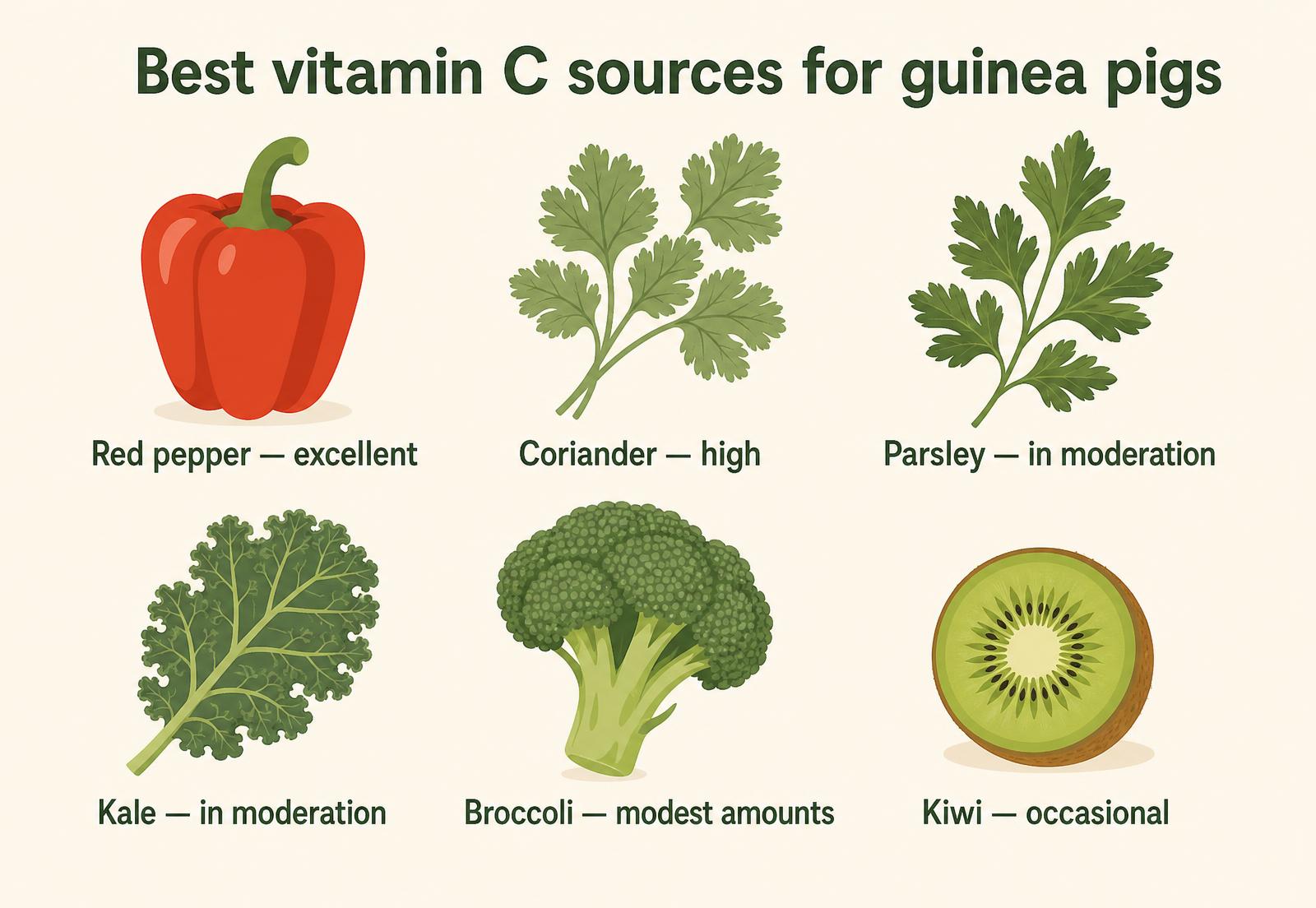 An illustrated guide to the best food sources of vitamin C for guinea pigs: red pepper, coriander, parsley, kale, broccoli and small amounts of kiwi.