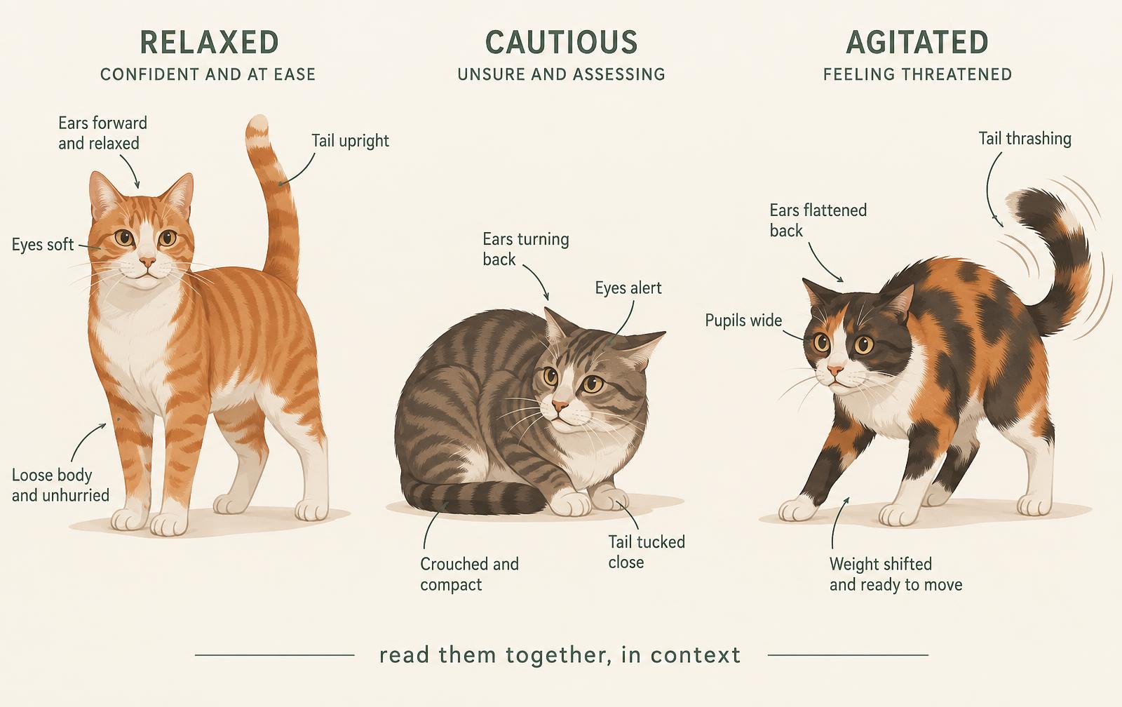 An illustration of three cats showing different whole-body states, with posture, ears, eyes and tail read together rather than as isolated signals.