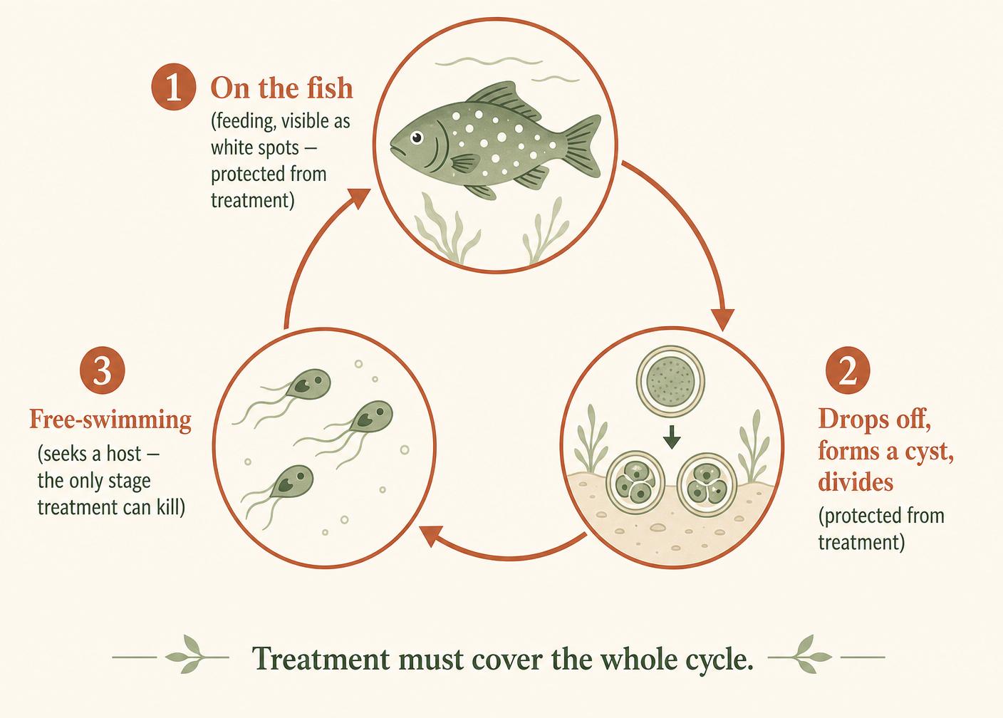 A circular diagram of the white spot parasite life cycle, showing the feeding stage on the fish, the cyst stage, and the free-swimming stage where treatment works.