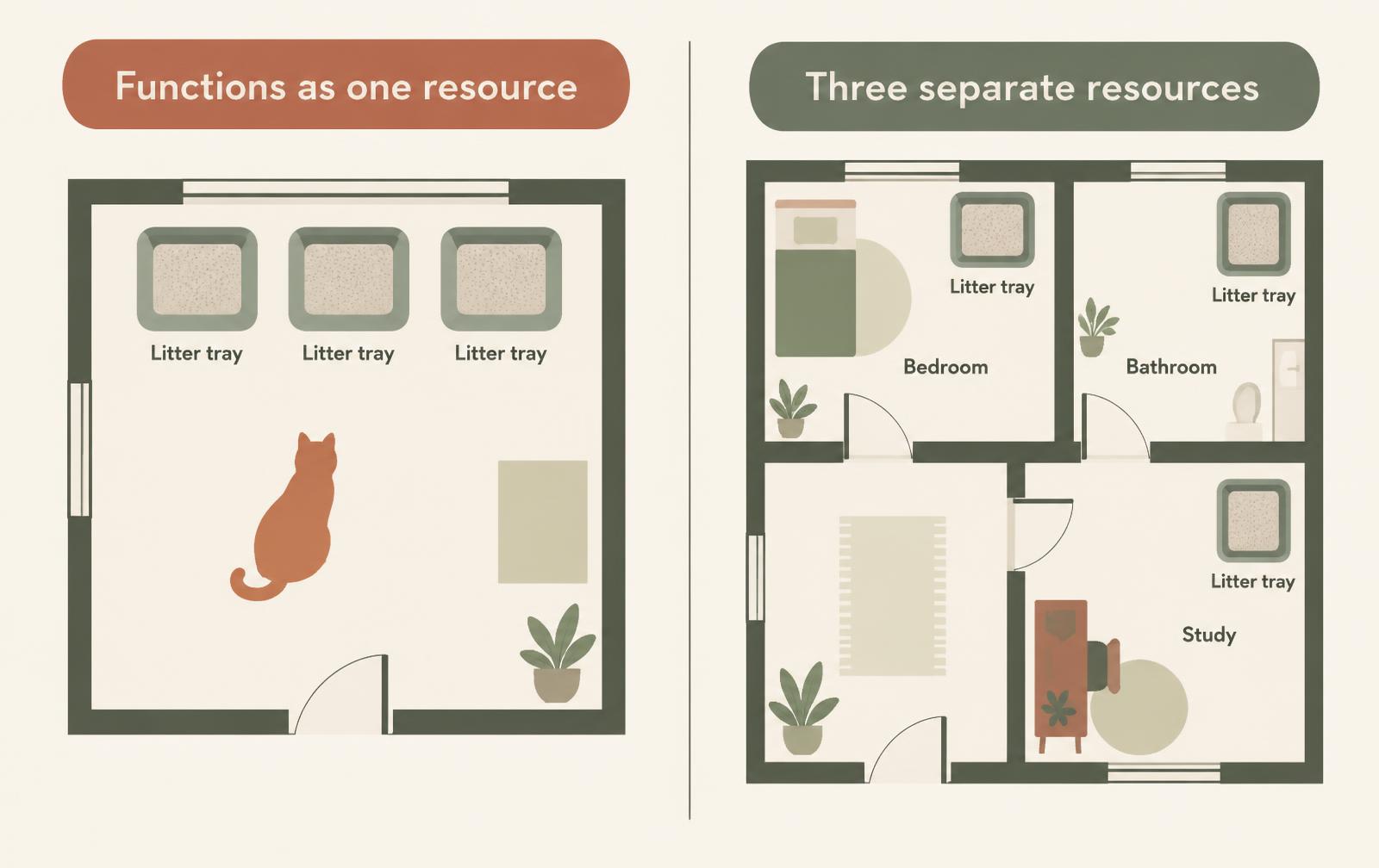 A floorplan comparison showing three litter trays grouped in one room functioning as a single resource, versus three trays in separate rooms functioning as three.