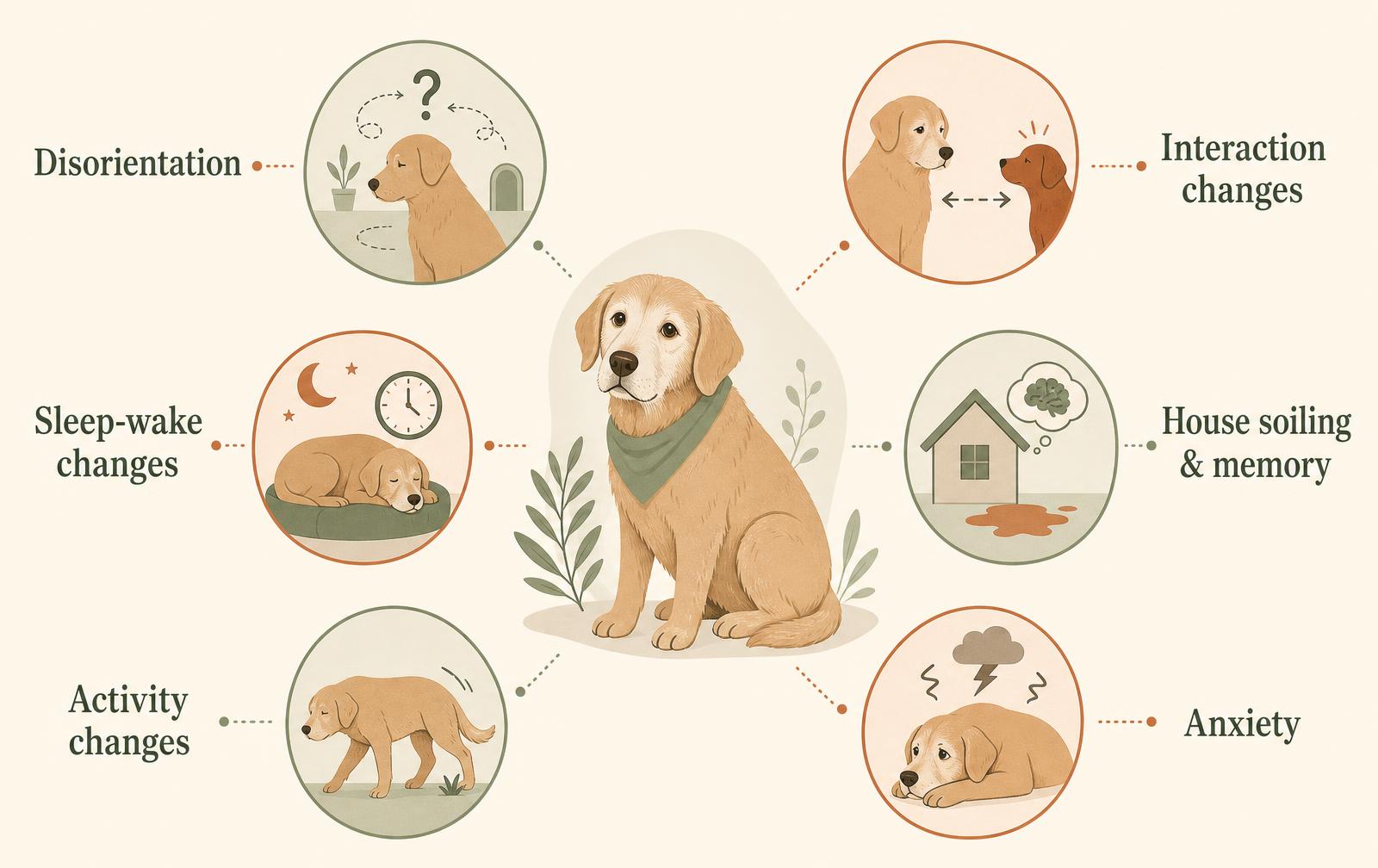 A diagram showing the six DISHAA behavioural domains used to assess canine cognitive dysfunction: disorientation, interaction changes, sleep-wake changes, house soiling, activity changes and anxiety.