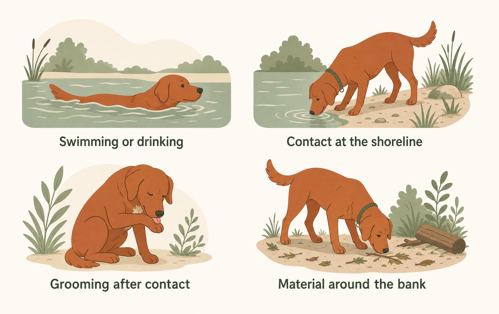 A diagram showing four ways a dog can be exposed to blue-green algae: swimming or drinking, shoreline contact, grooming after contact and material around the bank.