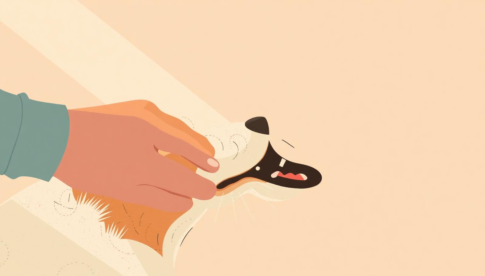 An illustration of a person gently checking their dog's teeth at home.