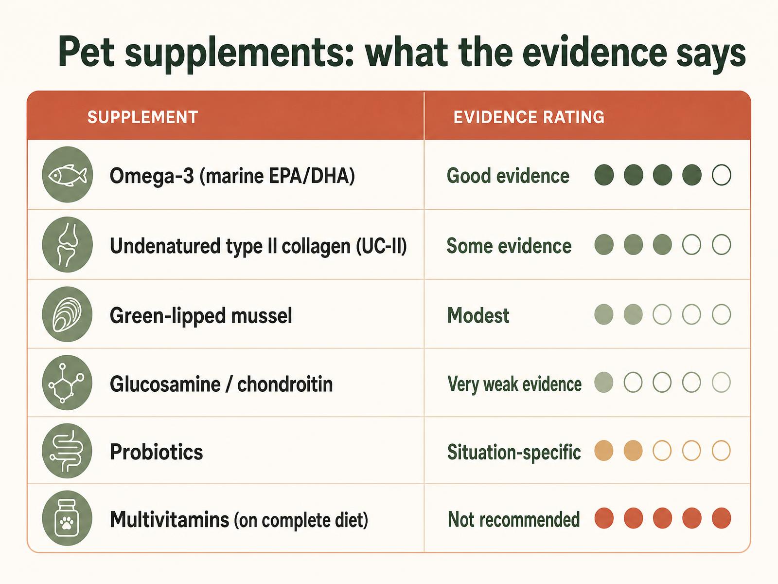 An evidence rating table for common pet supplements: omega-3 rated good, UC-II some evidence, green-lipped mussel modest, glucosamine very weak, probiotics situation-specific, multivitamins not recommended on complete diets.