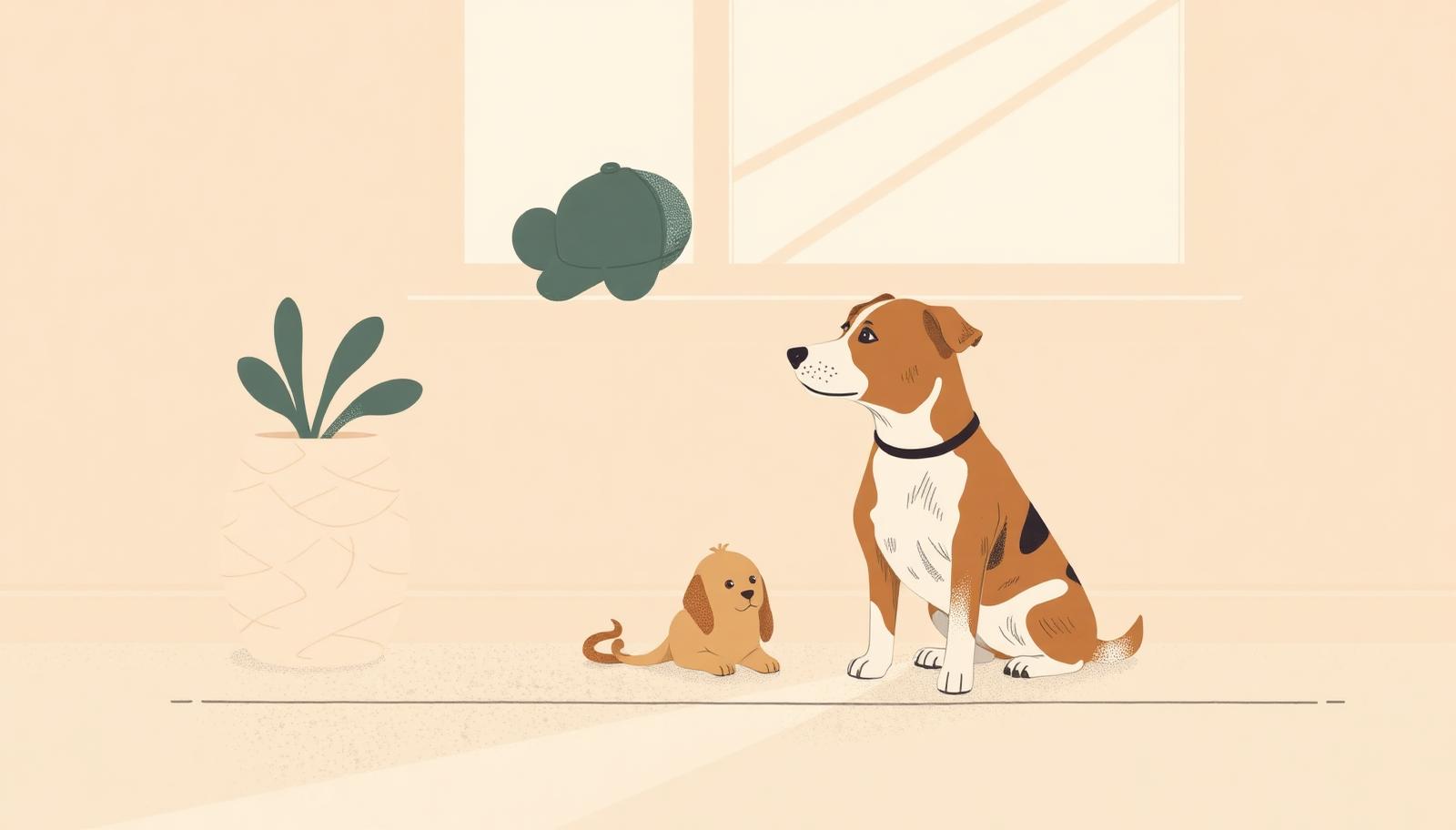 An illustration of a dog and its owner sitting together on the floor in a moment of calm mutual attention.