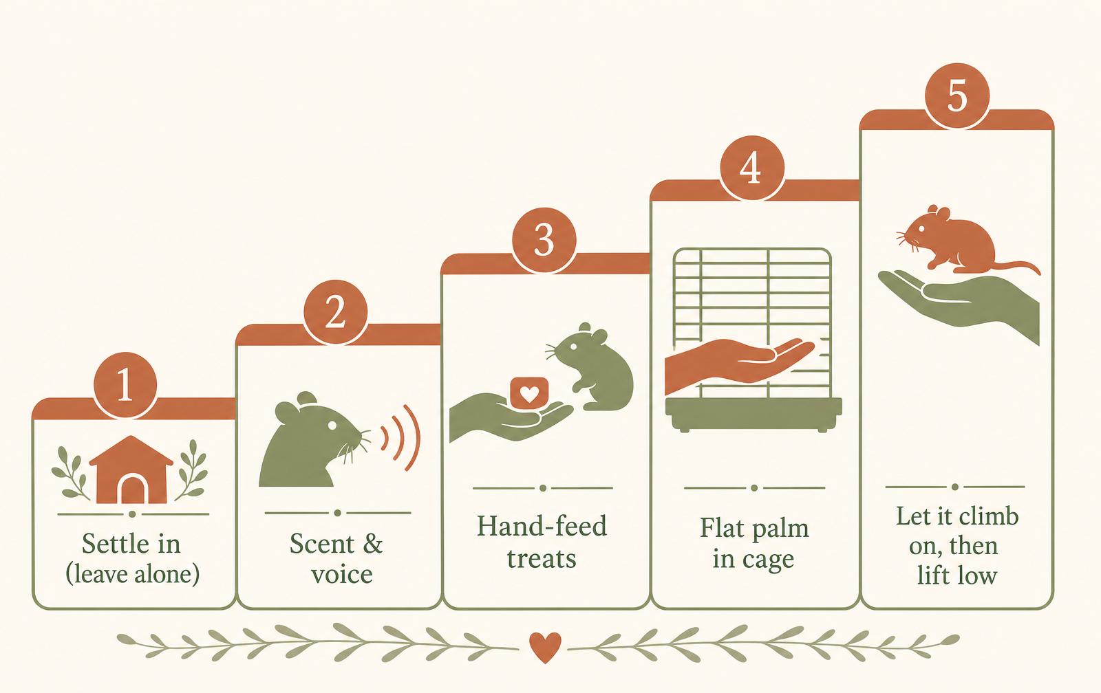 A five-step diagram showing the stages of taming a hamster: settling in, scent and voice, hand-feeding, offering a flat palm, and finally letting it climb on before lifting.