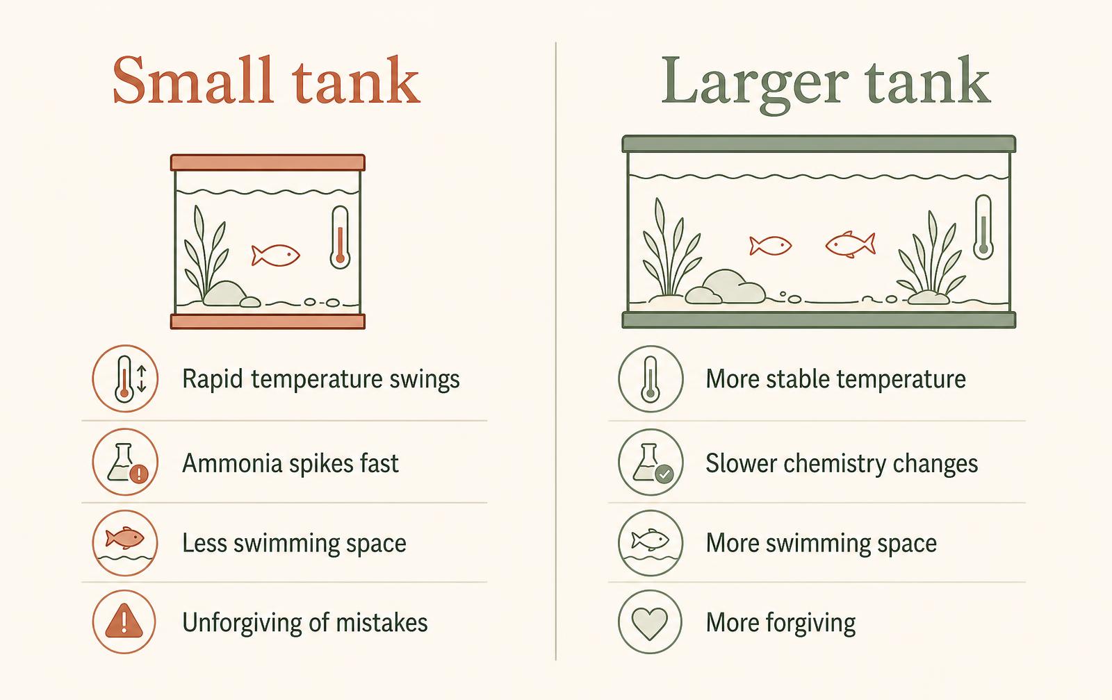 A two-column diagram comparing small and large tanks, showing why larger tanks offer more stability and forgiveness for beginners.