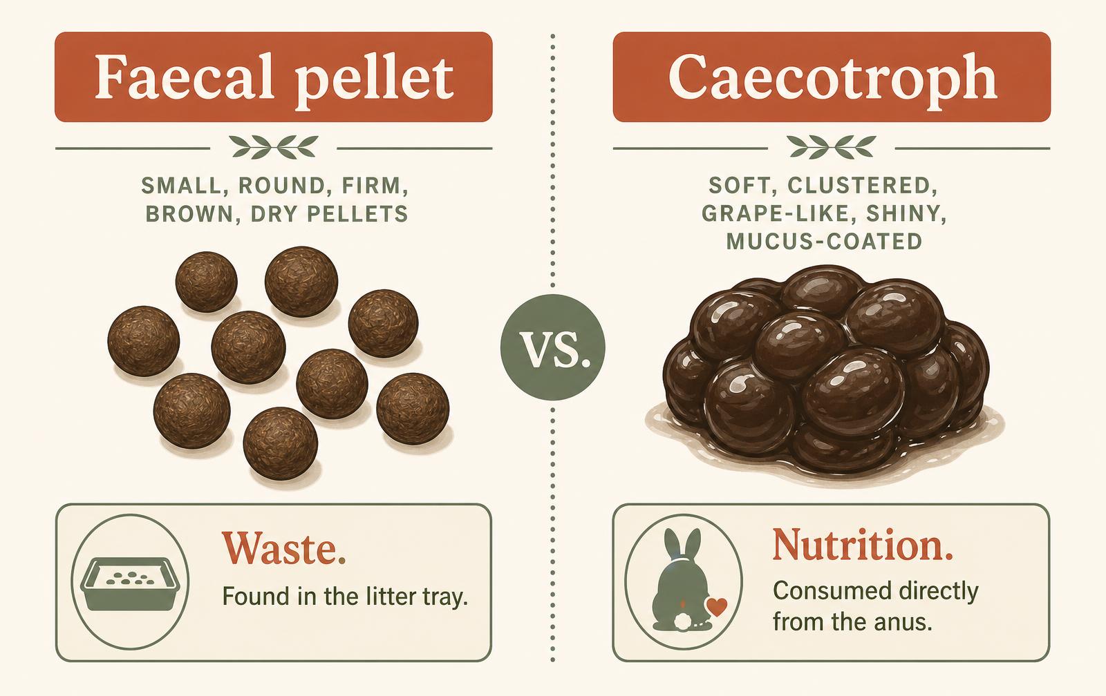A comparison diagram showing the difference between a rabbit faecal pellet (small, round, firm, waste) and a caecotroph (soft, clustered, nutrient-rich).