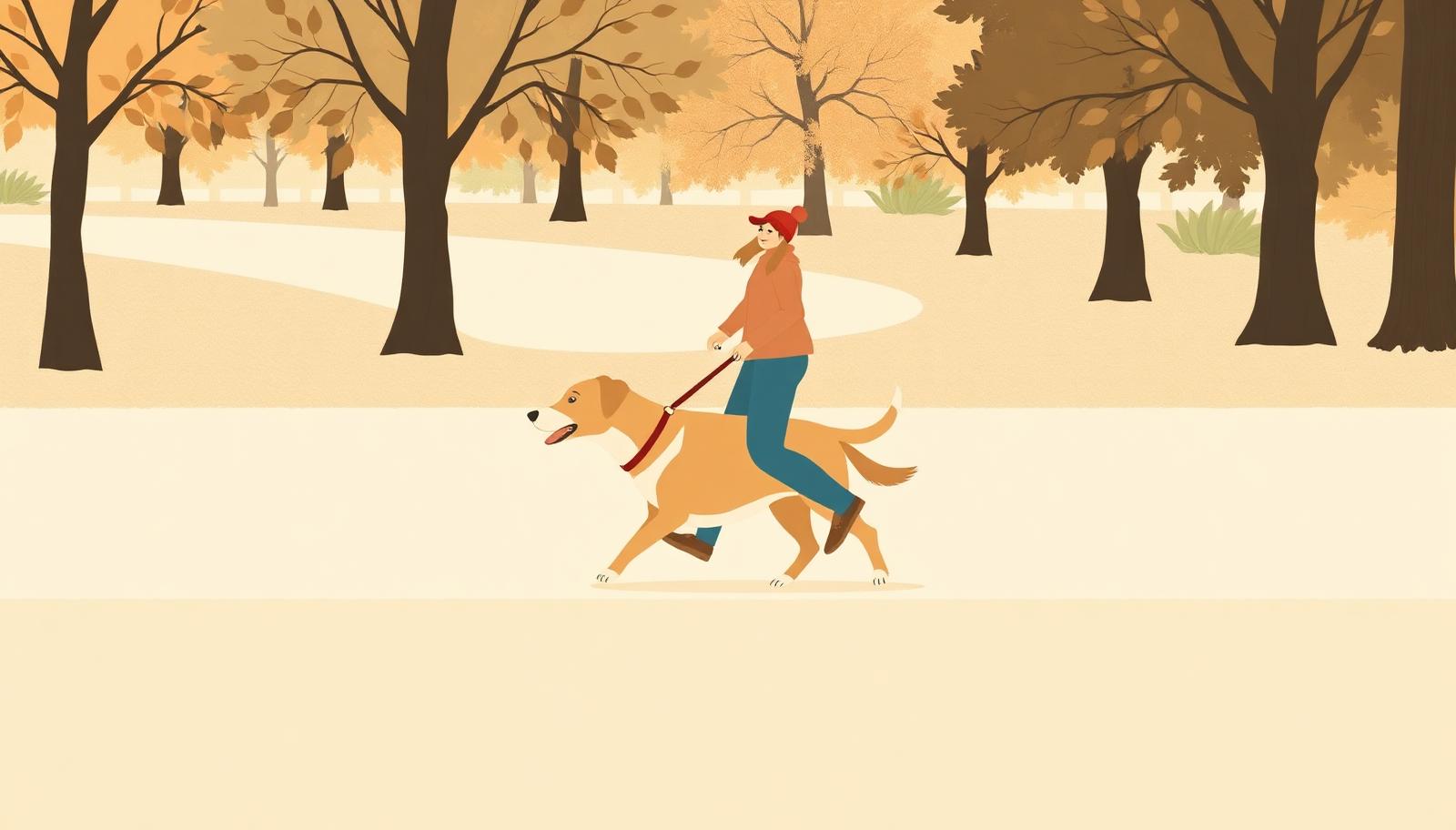 An illustration of an older dog walking comfortably on a lead with its owner in a park.