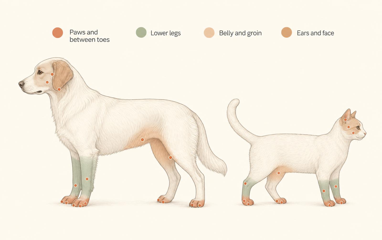 A diagram showing common places harvest mites affect dogs and cats, including paws, lower legs, belly, ears and face.