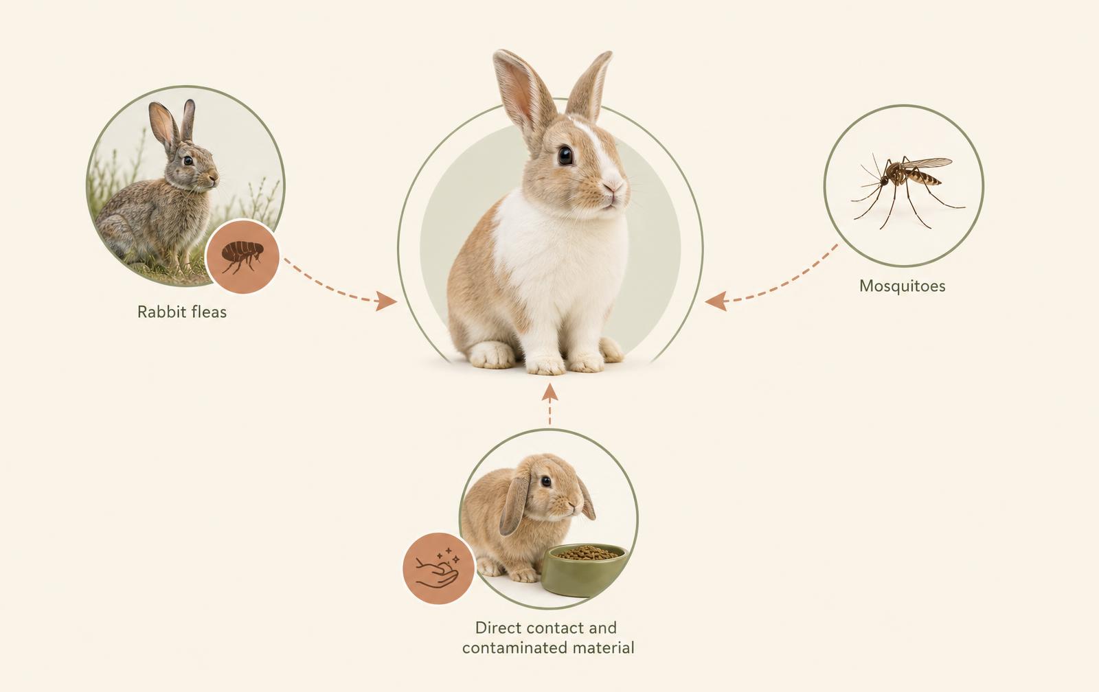 A diagram showing how myxomatosis can reach a pet rabbit through rabbit fleas, mosquitoes and direct contact.