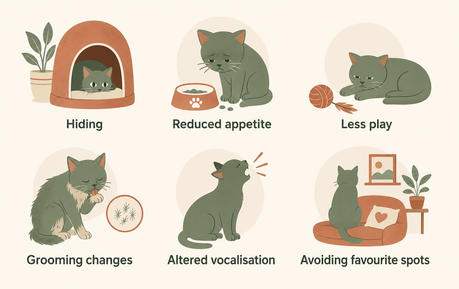 A diagram of six depressive-like signs in cats: hiding, reduced appetite, less interest in play, grooming changes, altered vocalisation and avoiding favourite spots.
