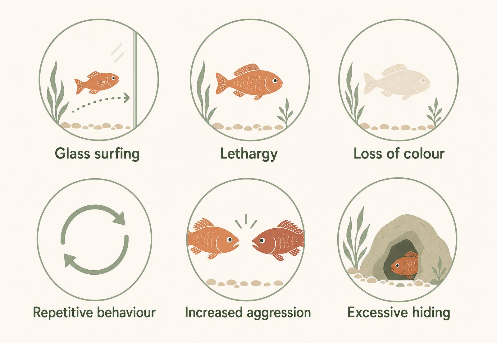 A diagram of six signs that a fish may be understimulated: glass surfing, lethargy, loss of colour, repetitive behaviour, increased aggression and excessive hiding.