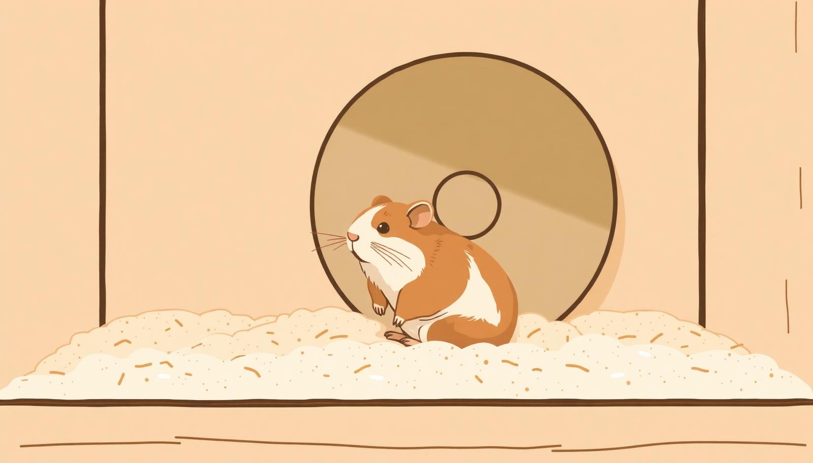 An illustration of a hamster on deep bedding in a spacious, well-equipped enclosure.