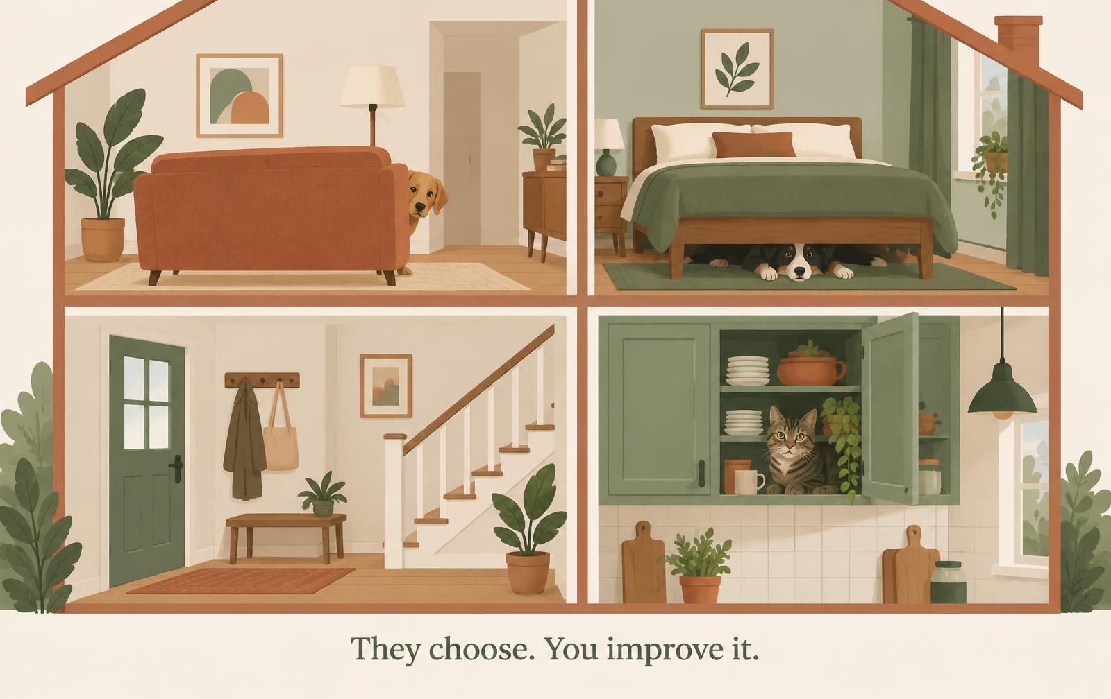 An illustration showing four places animals choose to hide — behind a sofa, under a bed, on top of a wardrobe, inside a cupboard — with a note that owners should improve the chosen place rather than pick one.