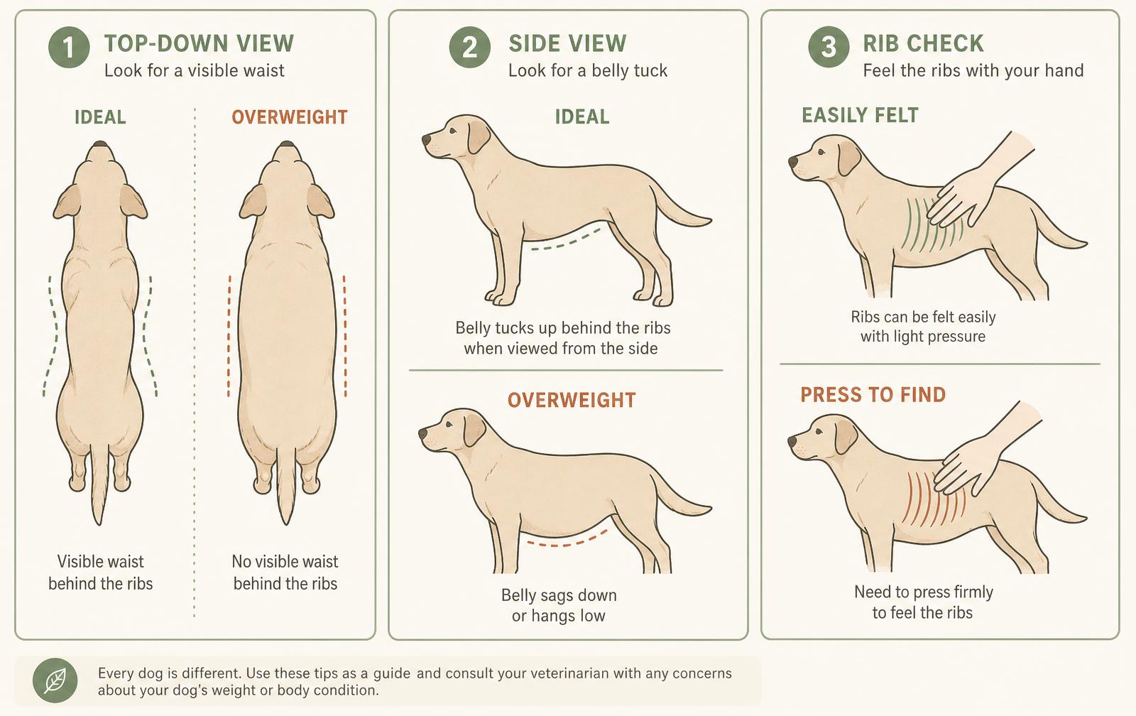 A three-panel diagram showing the body condition checks: waist from above, belly tuck from the side, and rib feel by hand.
