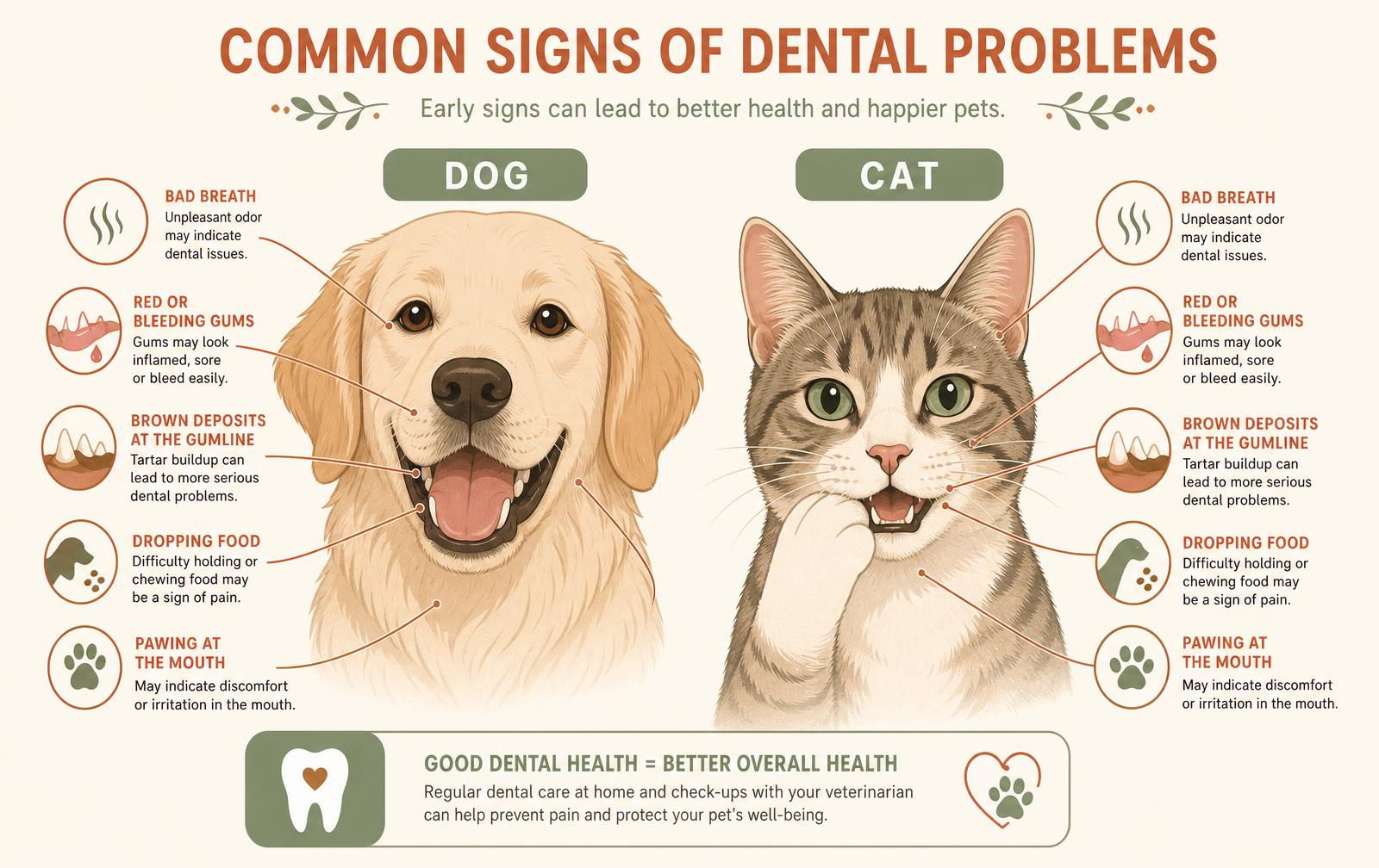 A labelled illustration of a dog and cat showing dental signs worth acting on: bad breath, red gums, brown deposits, dropping food and pawing at the mouth.