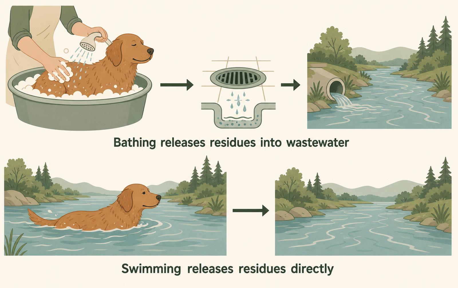 A diagram showing two pathways by which flea treatment residues reach waterways: through bathing and wastewater, and through treated dogs swimming in natural water.