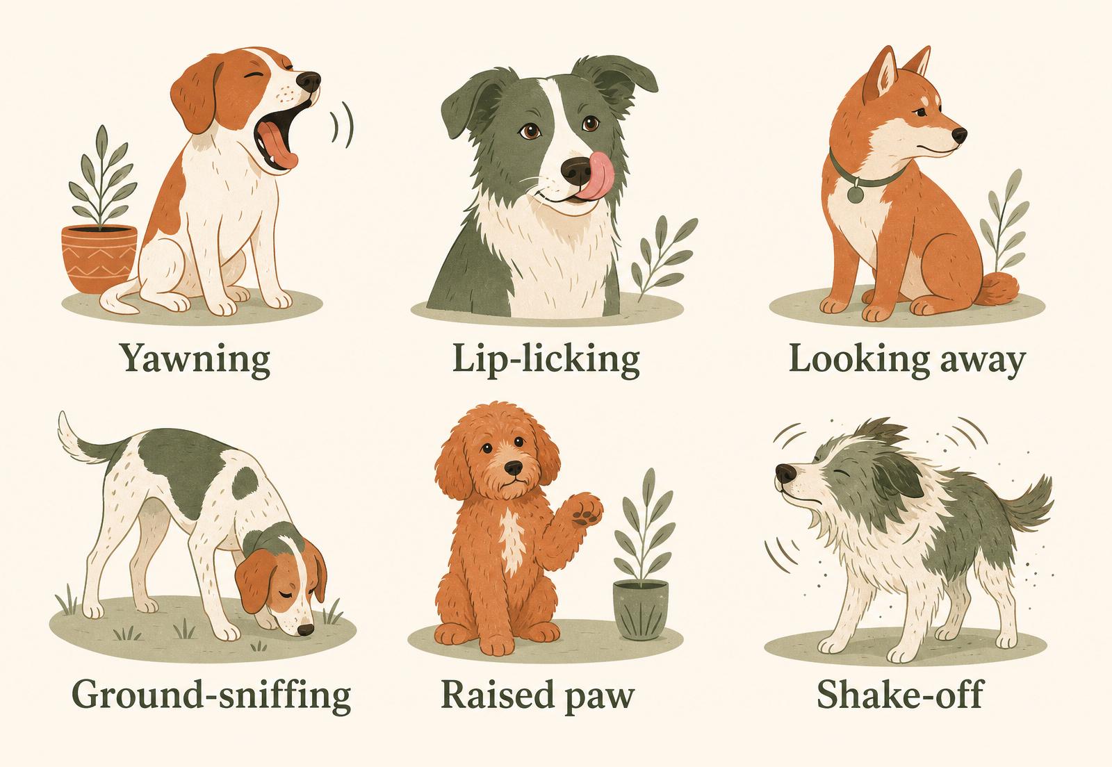 An illustrated grid of canine calming signals: yawning, lip-licking, looking away, ground-sniffing, a raised paw, and a shake-off.