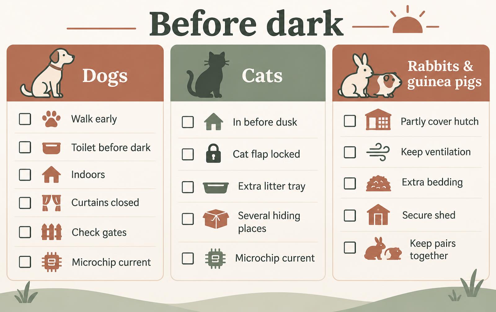 A three-column checklist diagram showing what to do before dark for dogs, cats, and rabbits and guinea pigs.