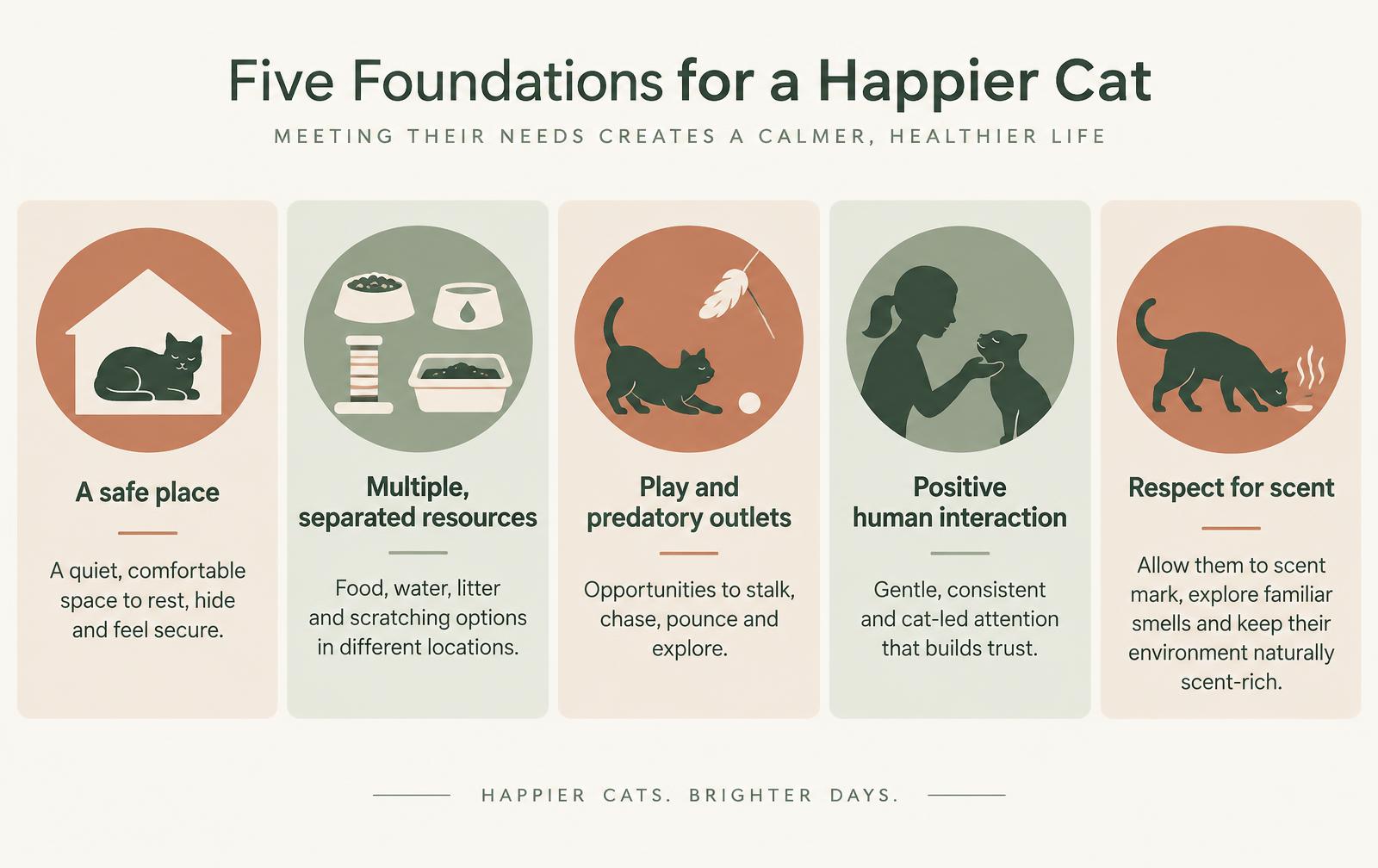 A diagram showing the five pillars of a healthy feline environment: safe places, separated resources, play and predatory outlets, positive human interaction, and respect for scent.