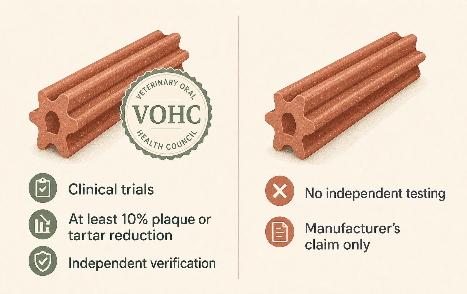 A two-column diagram comparing dental chews with the VOHC seal (clinical trials, verified plaque reduction) against chews without it (no independent testing).