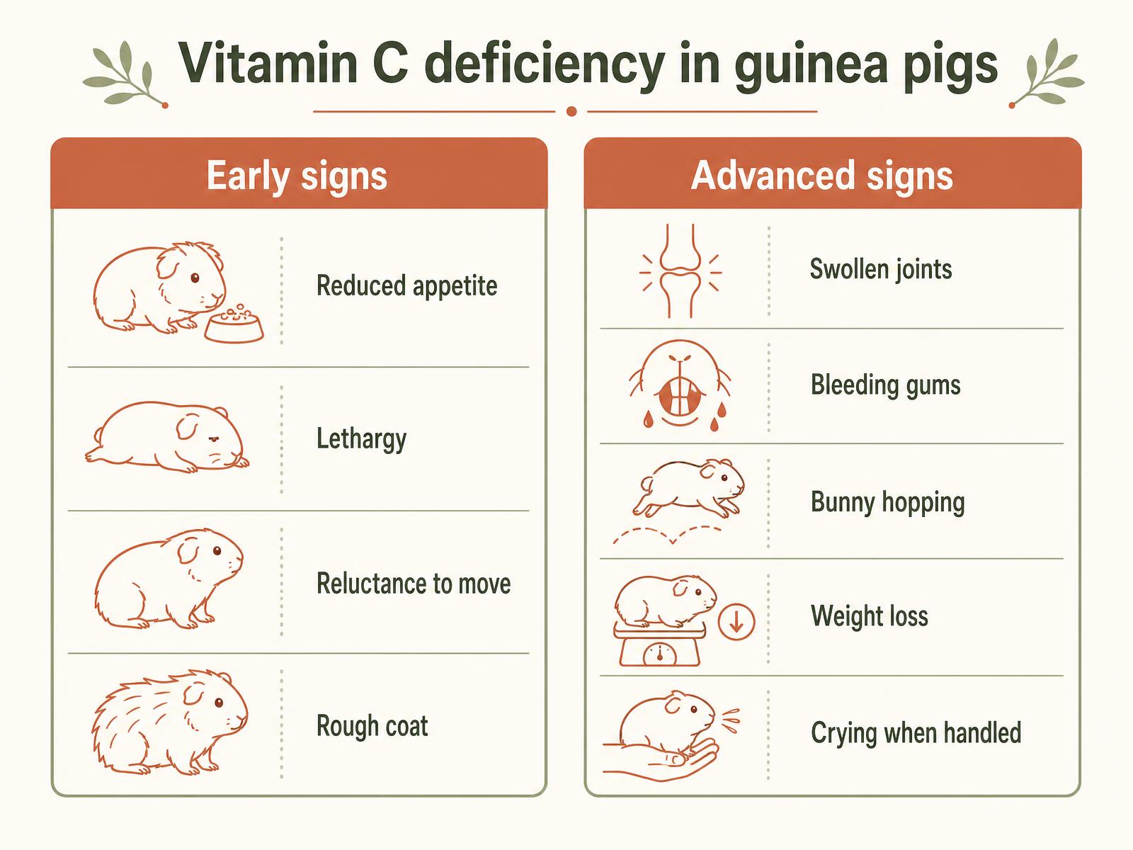 A two-column diagram comparing early signs of vitamin C deficiency in guinea pigs (lethargy, rough coat, poor appetite) with advanced signs (swollen joints, bleeding gums, bunny hopping).