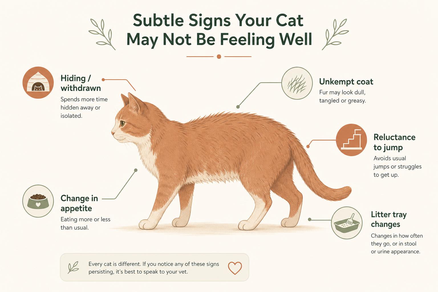 A labelled diagram of a cat showing subtle signs of illness: withdrawal, poor grooming, reluctance to jump, appetite change and litter tray changes.