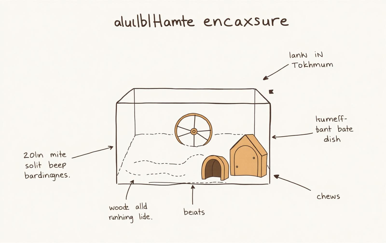 A labelled diagram of a suitable hamster enclosure showing the minimum 100 by 50cm floor space, deep bedding, a large wheel, a hide and a sand bath.