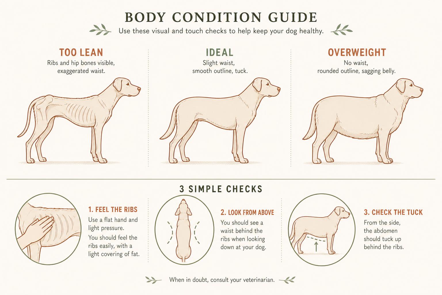 A labelled diagram comparing a too-lean, ideal and overweight dog from above and the side, with icons showing how to check the ribs, waist and belly tuck.