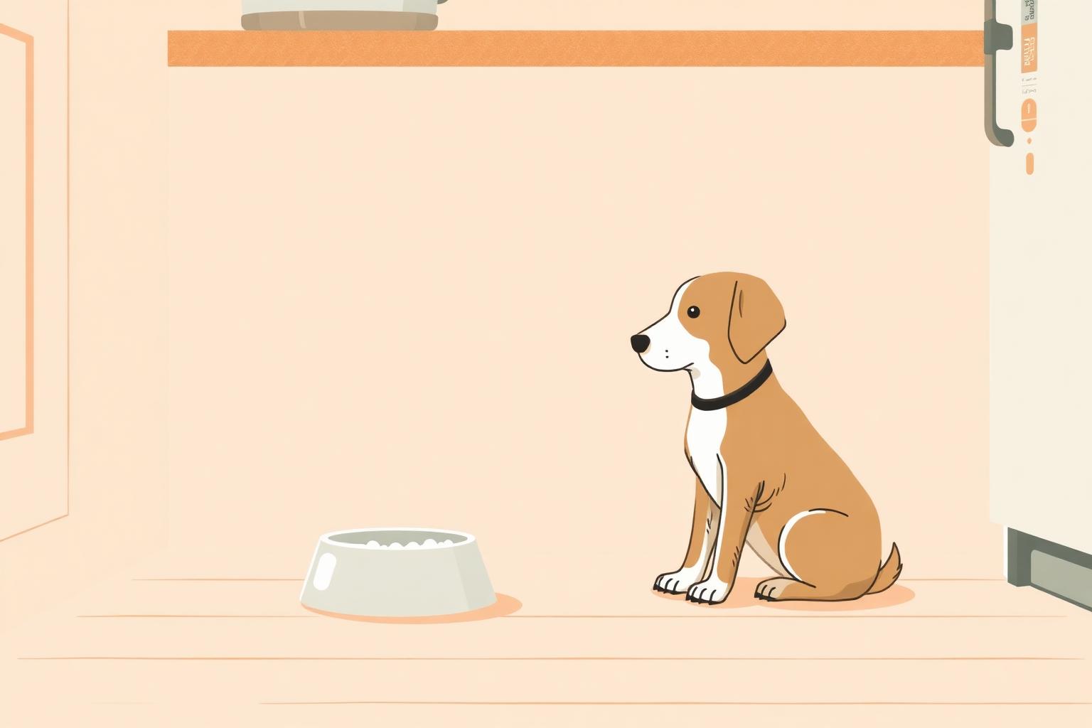 An illustration of a dog sitting beside its food bowl in a calm, sunlit kitchen.