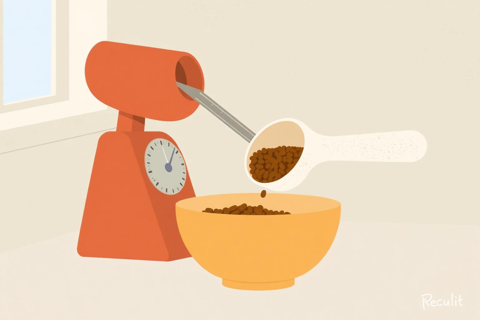 Dry dog food being carefully measured into a bowl with a scoop and scales.