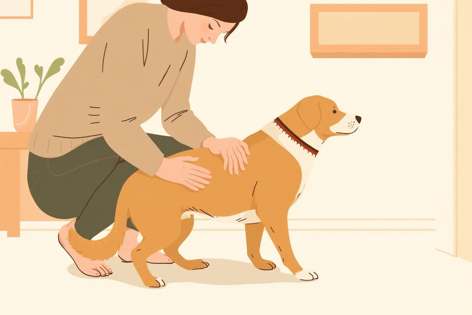 A person gently feeling their dog's ribs to check its body condition at home.