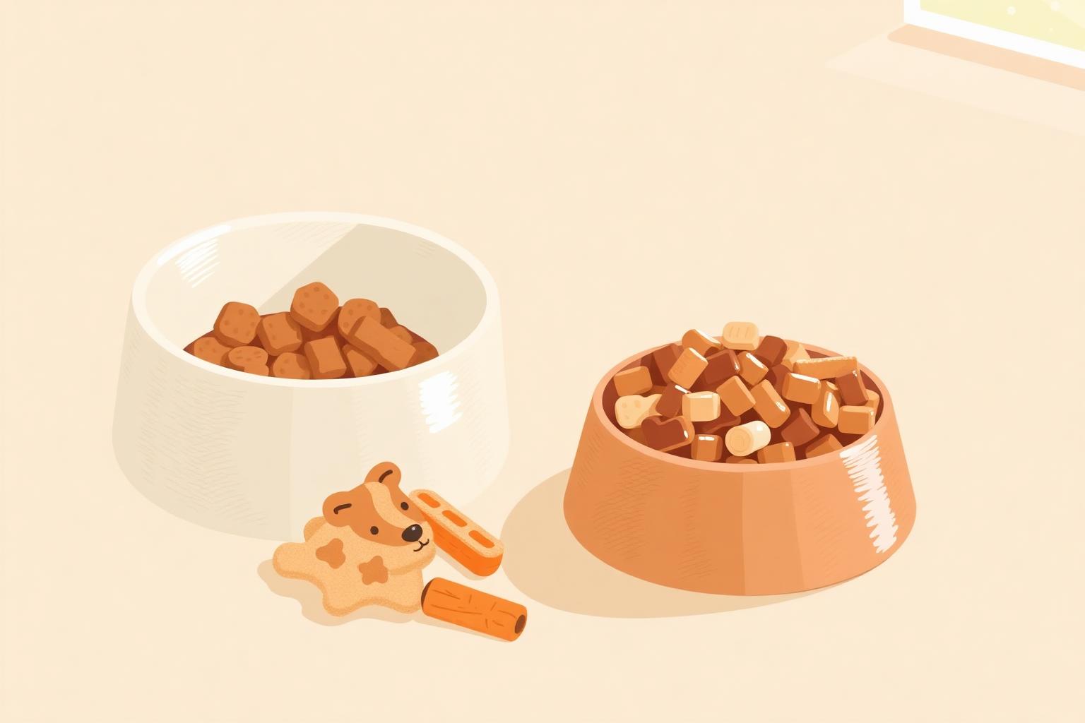 A few treats and a carrot stick shown beside a full daily portion, illustrating that treats should stay a small share of the day's food.