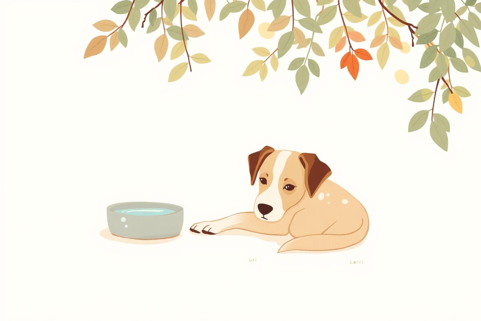 An illustration of a dog resting in the shade beside a water bowl on a hot day.