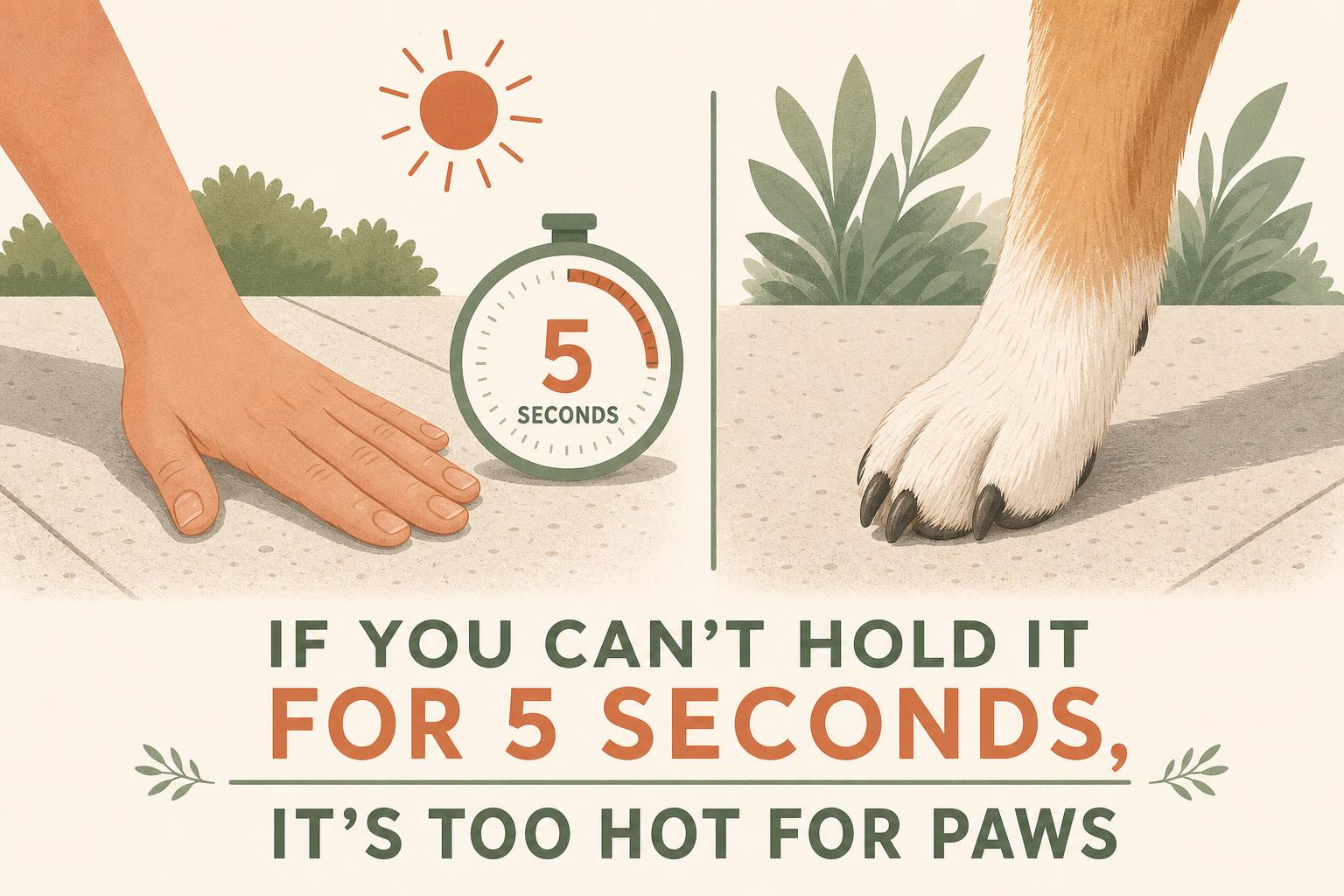 An illustration of the pavement test: a hand held palm-down on hot pavement to check if it's too hot for a dog's paws.