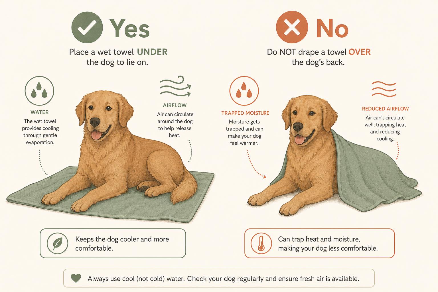 A diagram showing the correct way to cool a dog, with a damp towel placed underneath to lie on rather than draped over the body.