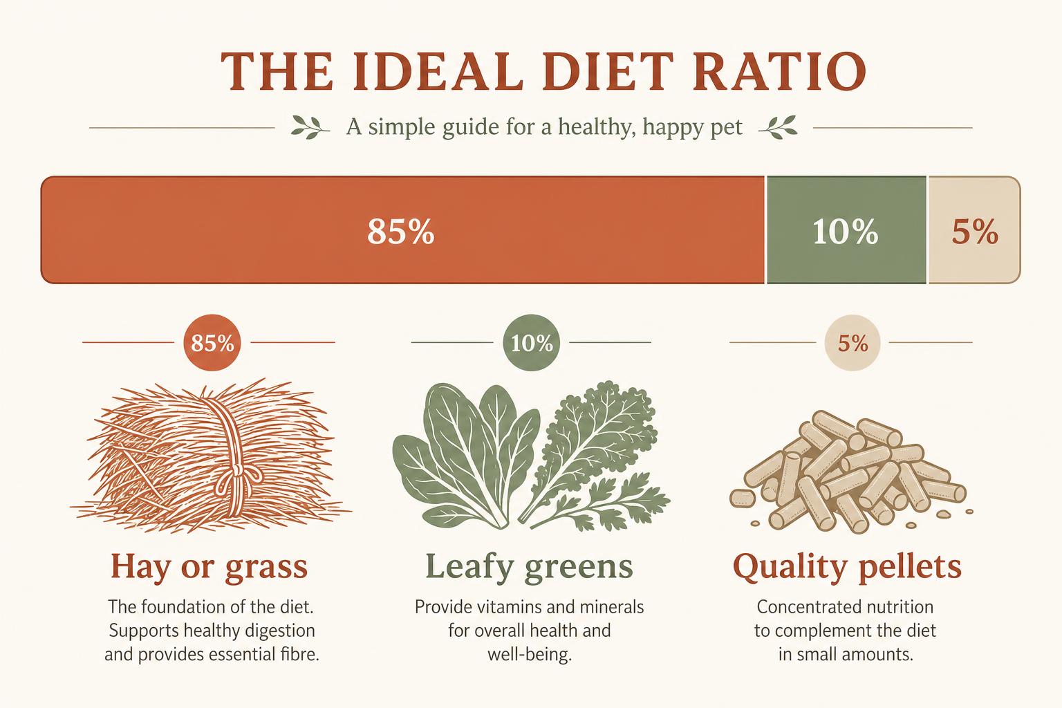 A diagram showing a rabbit's ideal diet as 85% hay or grass, 10% leafy greens and 5% quality pellets.