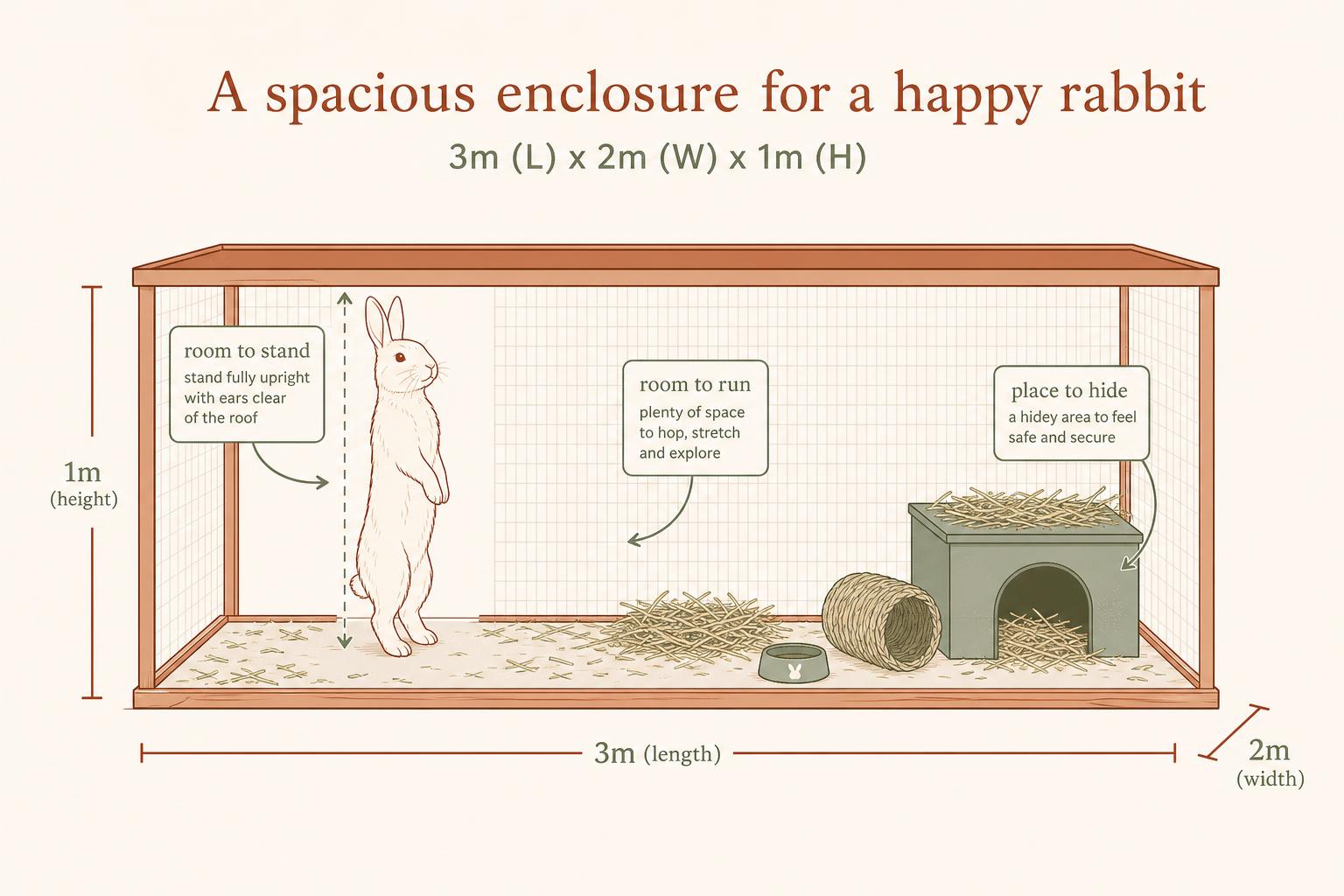 A diagram of a suitable rabbit enclosure showing minimum dimensions and space to stand, run and hide.